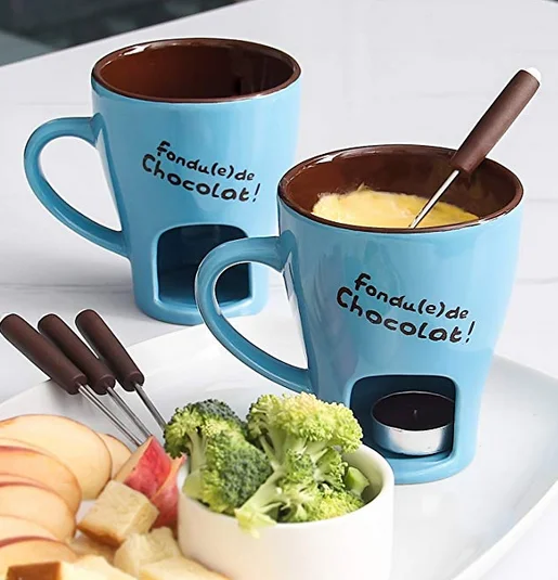 Switzerland popular blue color custom logo cheap mini fondue mugs chocolate fondue warmer