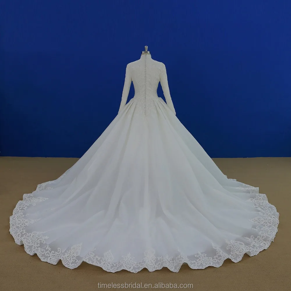 High quality beaded lace appliqued high collar muslim ballgown wedding dress