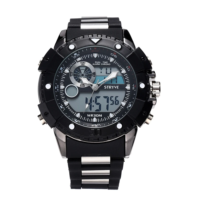 Multifunction Sports Watch Men Big Dial Stryve Brand Luxury Double Time Waterproof Dive Quartz Analog Digital Led Watch