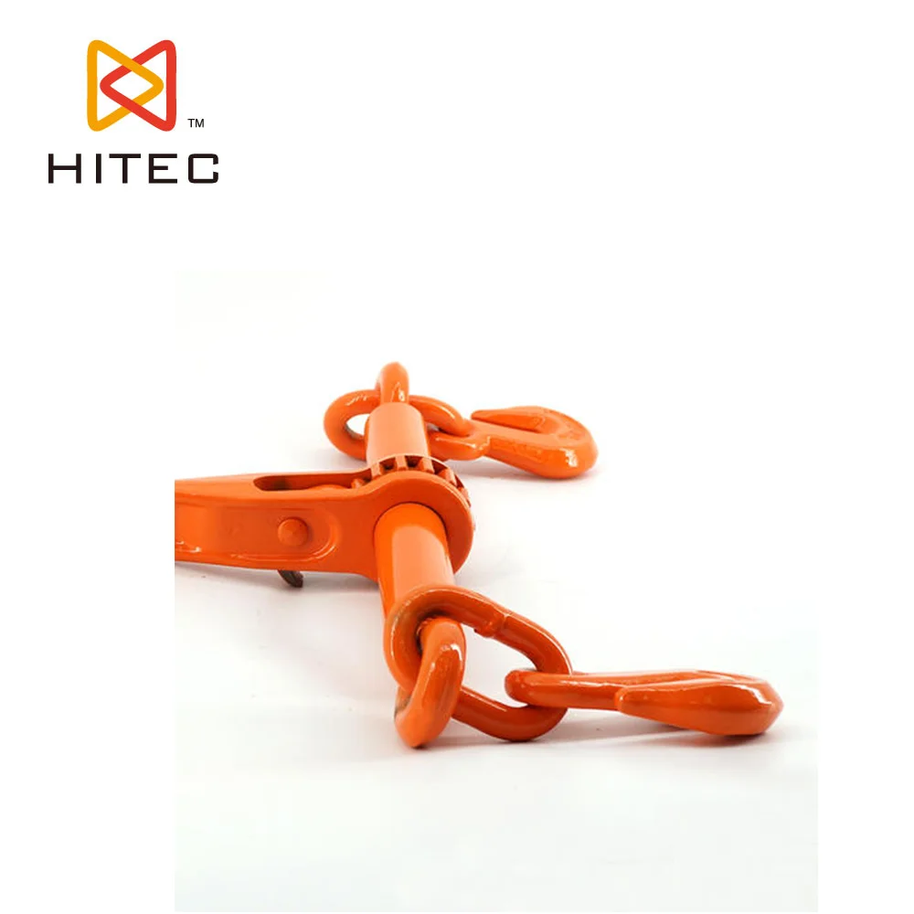 Ratchet type load binder painted red with hook rigging hardware