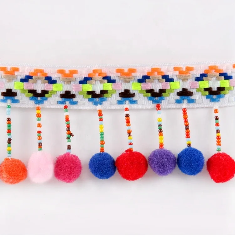 Wholesale Best Selling 6.5cm Multicolor Pompom Tassel Beaded Fringe Trim for Clothing