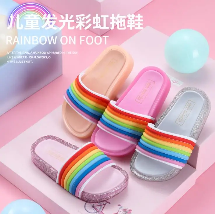 2019 Summer Rainbow Color Boy and Girl Slippers Outdoor LED Light Jelly Children Princess Slippers