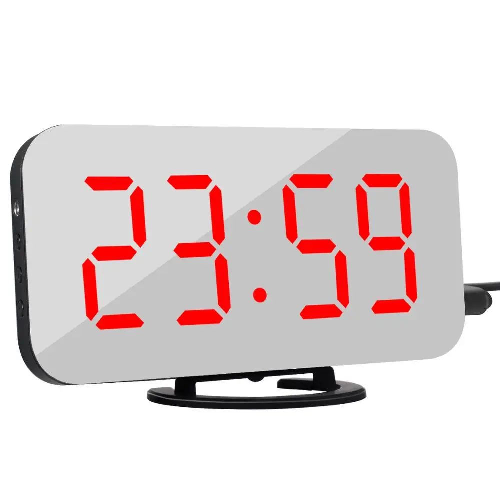 Large LCD Screen Mirrored Alarm Clock Digital Decorative Hotel Office Home Decor Clock with Dual USB Charging Station