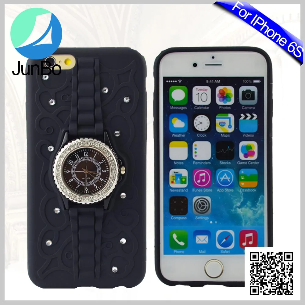 Alibaba Лучшие Реальные Часы Подставка Телефон Дело ТПУ Чехол для iPhone 6 6 s с Бриллиантом