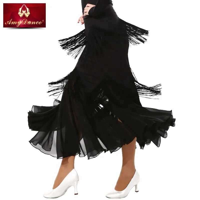 Adult women large chiffon hem ballroom dance skirts with fringe ballroom dance dress