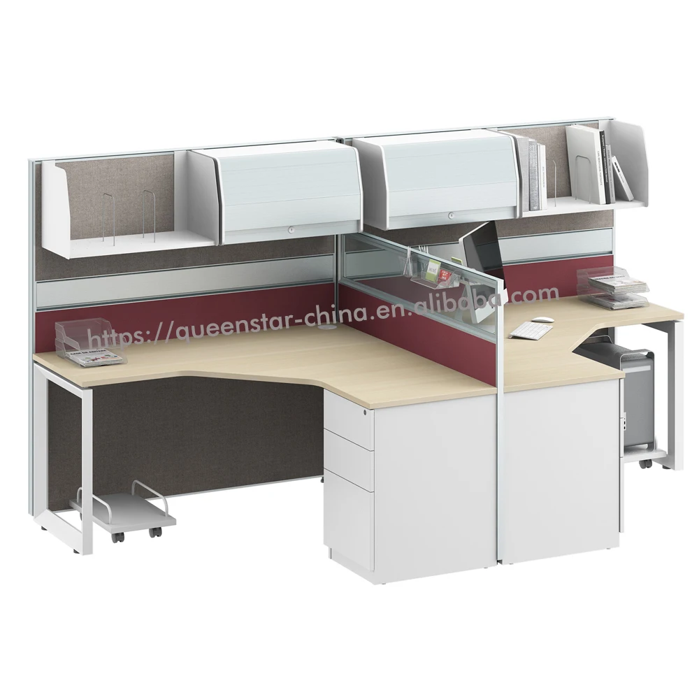 
QS-J11 L shape clusters of two office workstation office partition with overhead storage cabinet and hanging shelf 