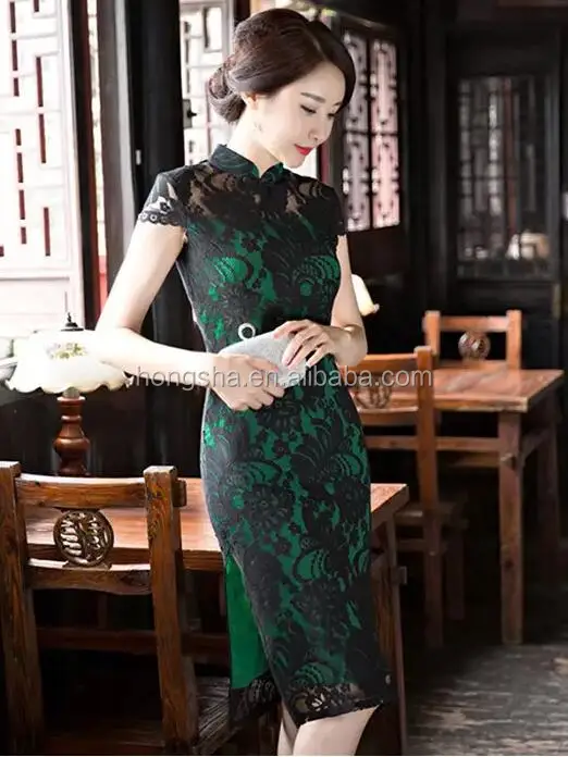 Women Plus Size Qipao Black Floral Lace Green Lined Short Mandarin Collar Dress Below Knee Sheath Dress HSQ9300