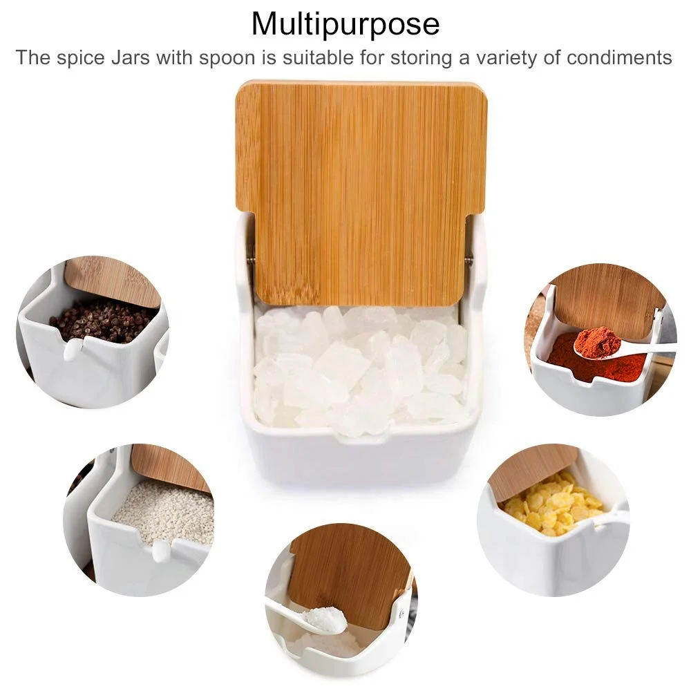 Ceramic Sugar Bowl Salt Box with Bamboo Flip Top Lid Pepper Container Flour Box Holder Earthenware Bowl White