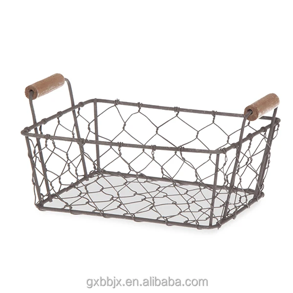 Wholesales Household Storage Type Mini Rectangular Wire Mesh Utility Basket with Wooden Side Handles