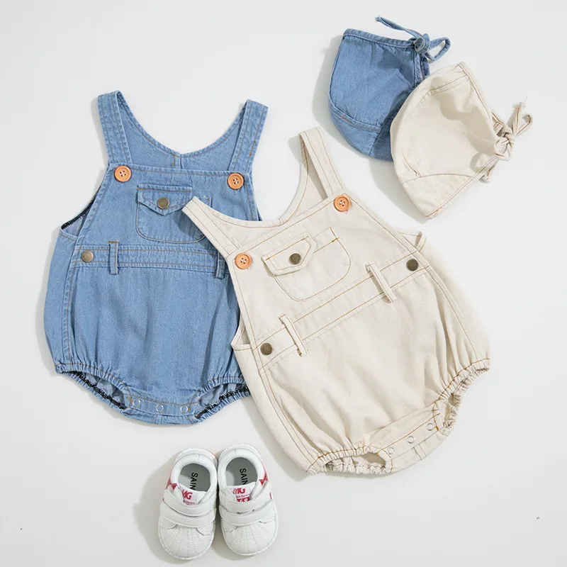 
2019 summer infant boys girls baby light color denim romper with hat two-piece suit 