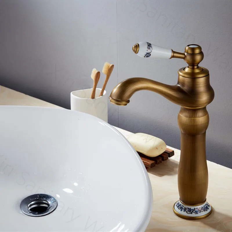 Antique Brass Faucet Deck Mounted Curved Basin Faucet XiRi-8766 For Bathroom