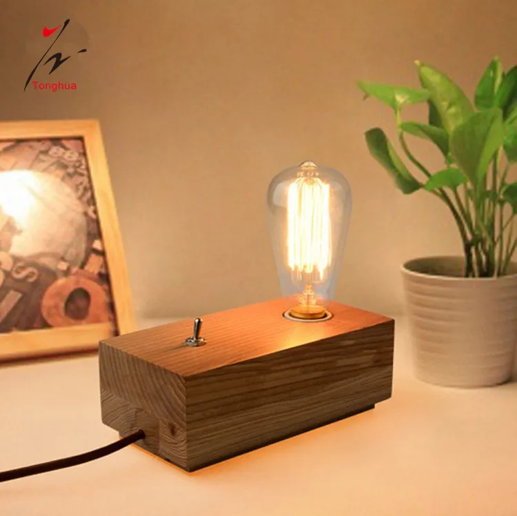 Tonghua Vintage Cubic Natural Wood Filament Light with Bulb Holder E26 E27 Retro Bedroom Table Lamp Desk Light