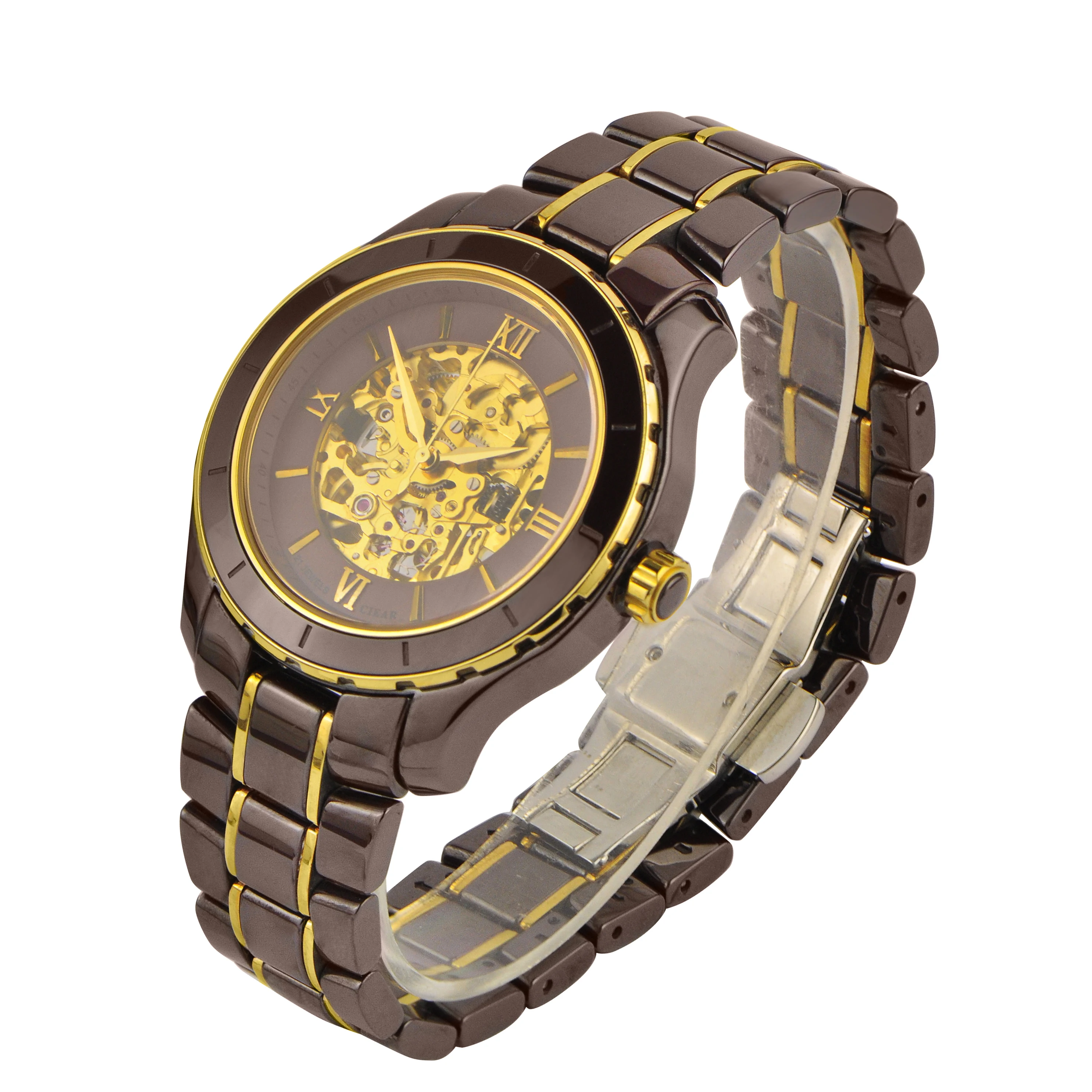 OEM Factory Skeleton Watch Mechanical Automatic Coffee Ceramic Watch Men