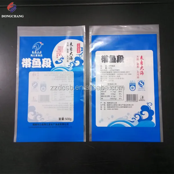 Three side sealed pet pe laminated frozen plastic packaging bag for fish with clear window