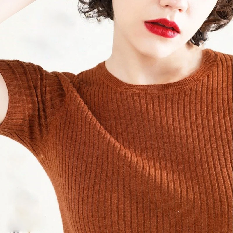 
New thin section round neck sweater short sleeve female Slim Korean version loose lazy knit bottoming shirt large size 