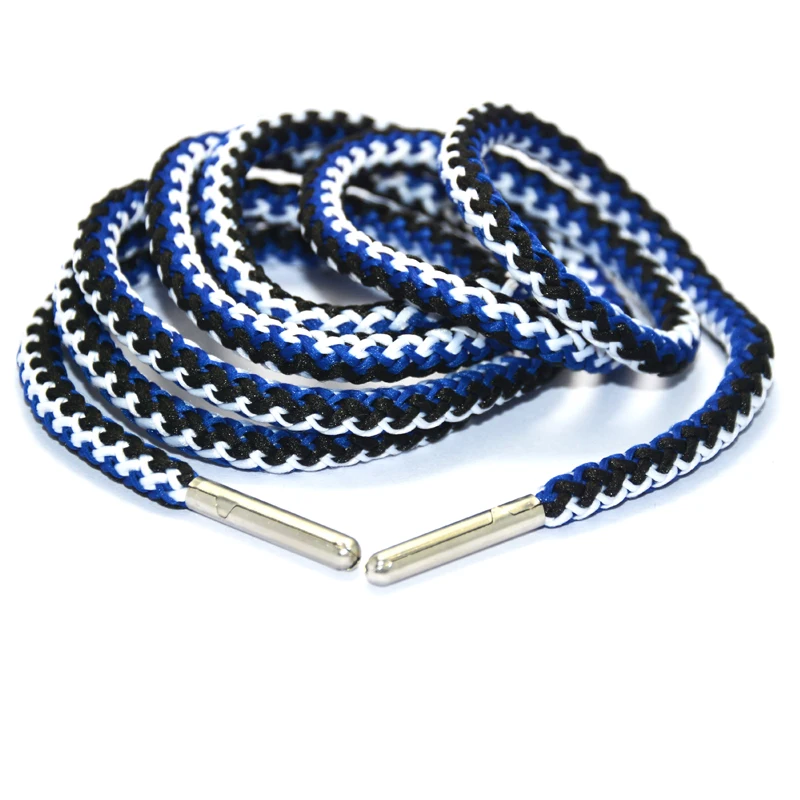 Factory price round braided 3 color jacquard nylon drawstring cord with metal tips for pants