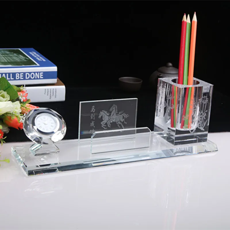 Table Crystal Office Stationery Set With Pen /clock/Name Card Holder