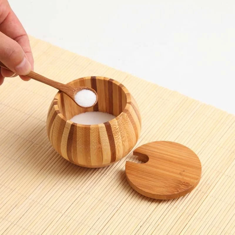 Natural bamboo salt and spice box with spoon hole spice jar salt shaker mixing bowl