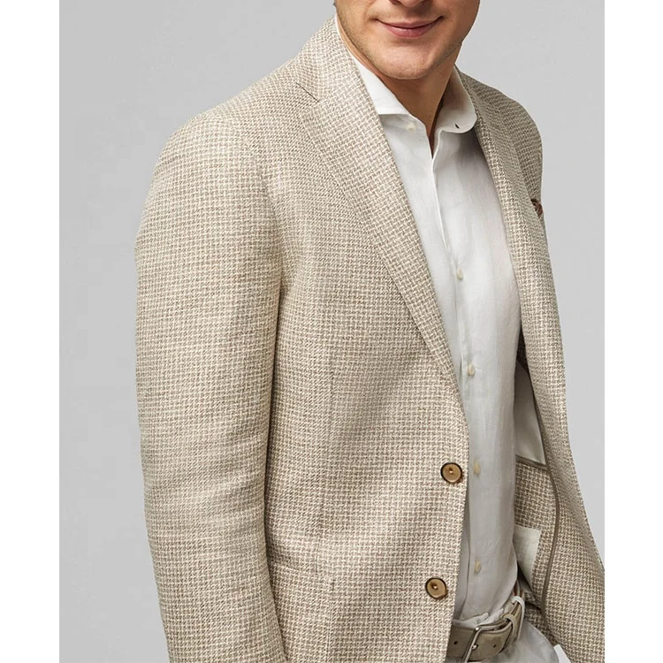 Casual OEM slim coarse fabric 2 buttons patch pockets jacket half lining linen suit summer blazer for men