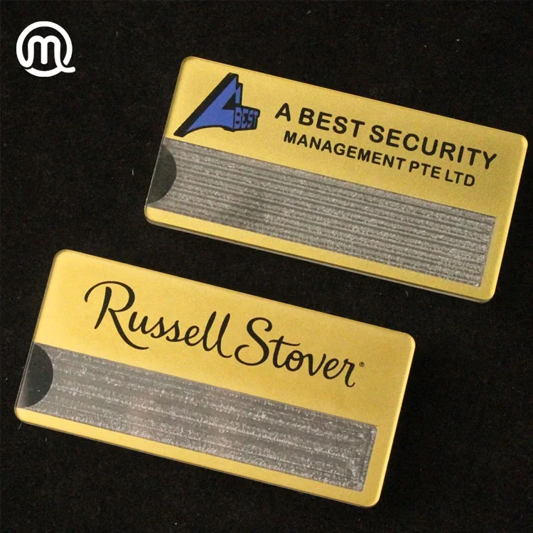 golden plastic reusable name badge holder with magnetic clip custom name tag design