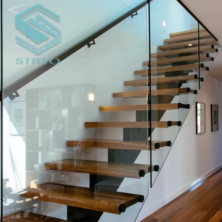 
Laminated Safety Glass stairs with Metal Single Beam Staircase and wood treads 