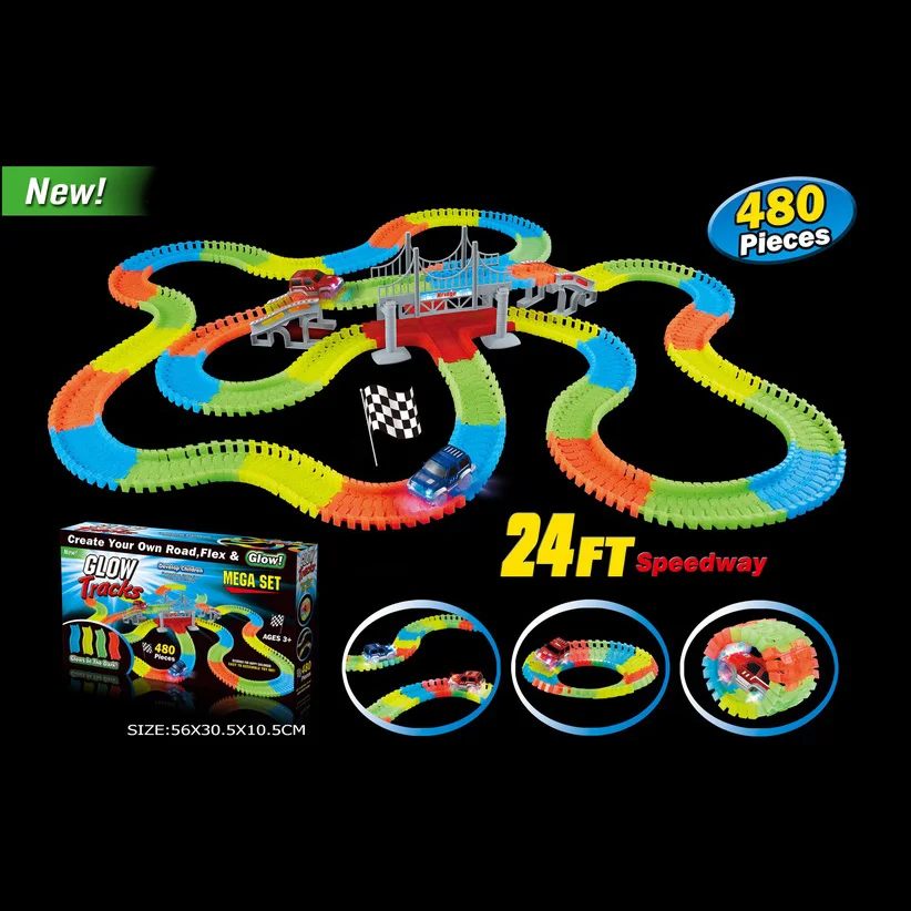 Hot Selling 480pcs Electric Glow In The Dark Rail Race DIY Slot Car Racing Magic Rail Car Toy
