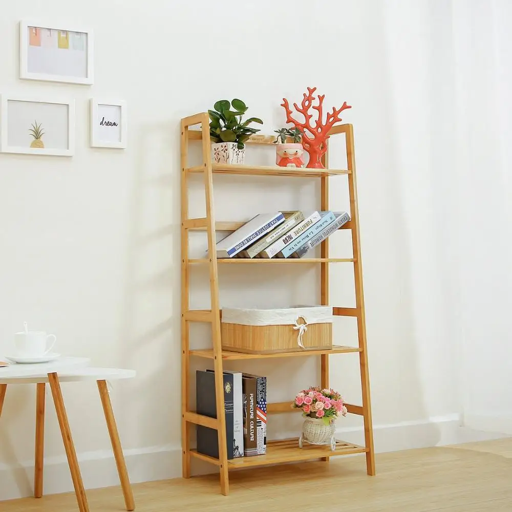 Natural Bamboo 4 Tier Bookcase, Multi-functional Book Shelf Storage Rack Plants Stand Display Shelf