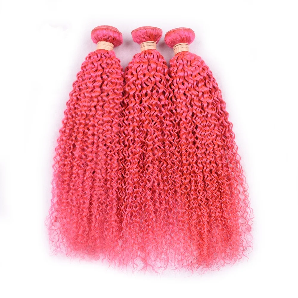 Wholesale 10a 100% peruvian kinky curly hair pink bundles with transparent swiss lace frontal
