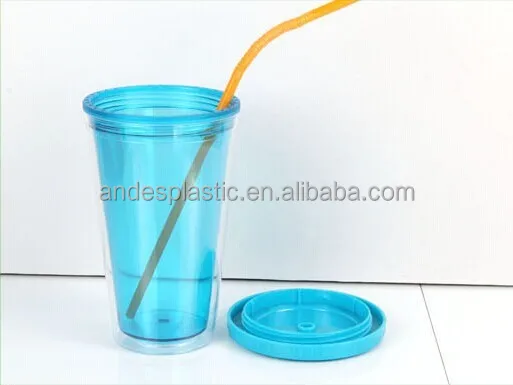 Bpa Free 16Oz Beverage Lid Double Wall Plastic Cup With Lid and Straw