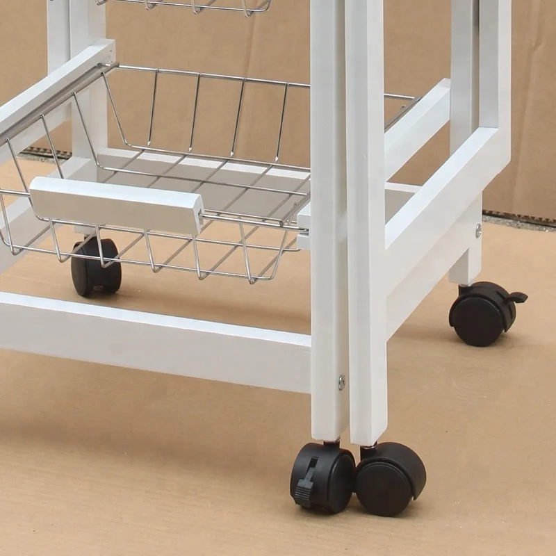 
Portable Rolling Drop Leaf Kitchen Island Cart White Tile Top Folding Trolley Table, 1 Wood Drawer & 2 Steel Baskets 
