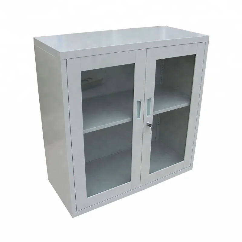 Small 2 Doors Glass Glass Front Locking Low Storage Cabinet
