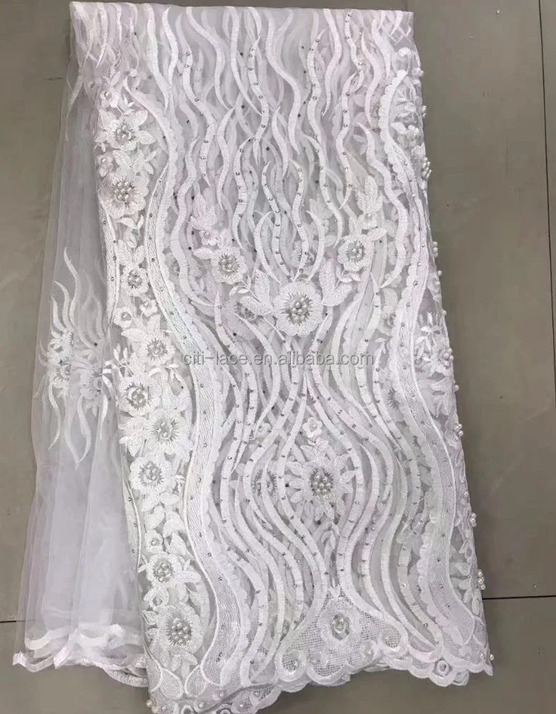 TS44-2 hot sale fabric good quality beaded white lace fabric net embroidered french net lace for wedding