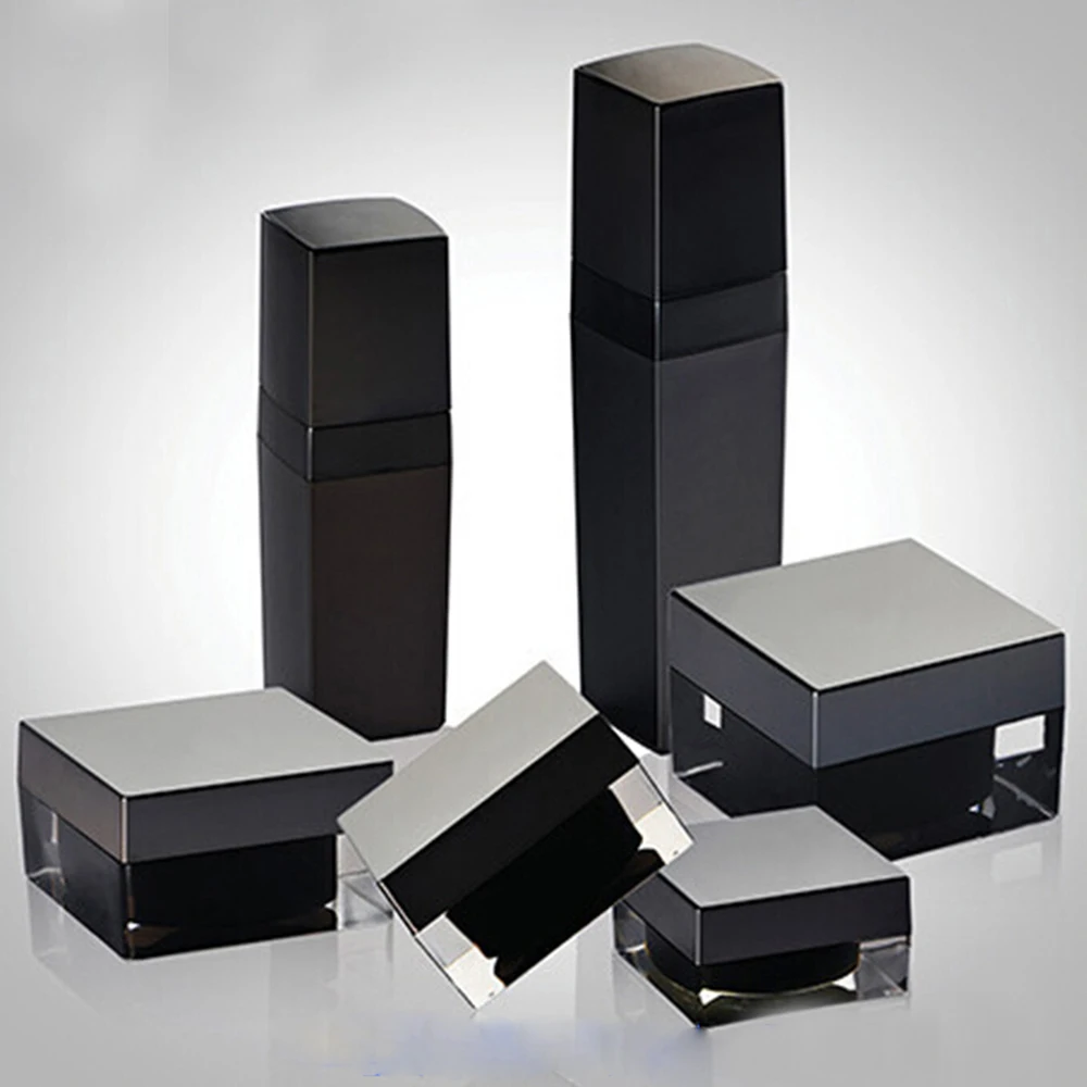 15ml 30ml 40ml 50ml Black Acrylic Square Cosmetic Lotion Pump Bottle and Cream Jar for Skin Care