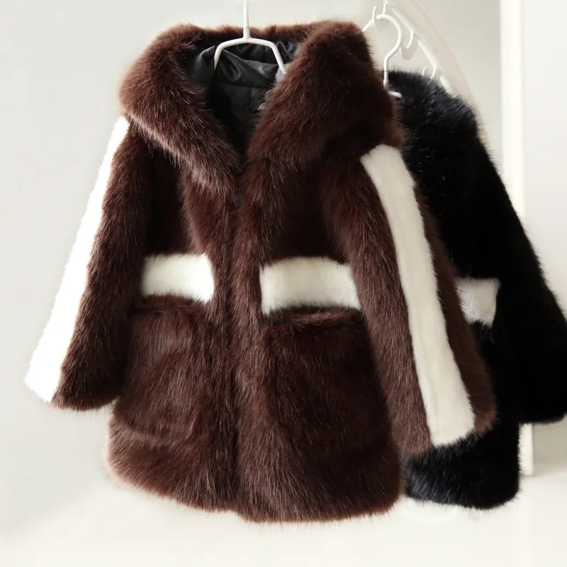 Hooded Faux Mink  Fur Girl Children Kids Winter Trench Coat With Solid Color High Quality