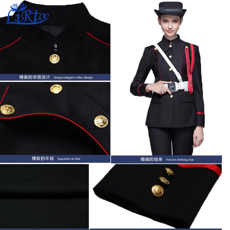 Design high quality lady hotel security guard uniform black color for sale