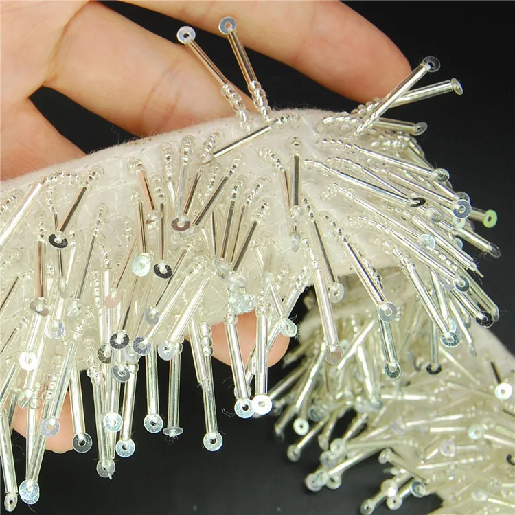 Wholesale Fancy tinsel handmade carpet chainette embroidered bugle sequin beads silver fringe