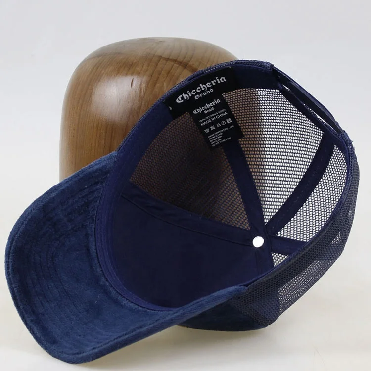 Custom gold embroidery velvet navy blue trucker cap