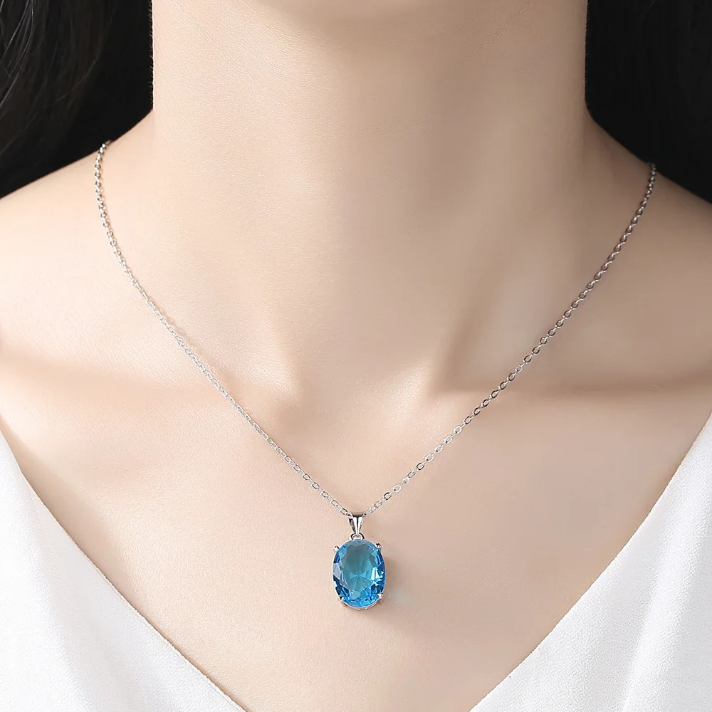 YK Big Sky Blue Topaz Stone Pendant Necklace Single Stone Pendant Necklace For Women