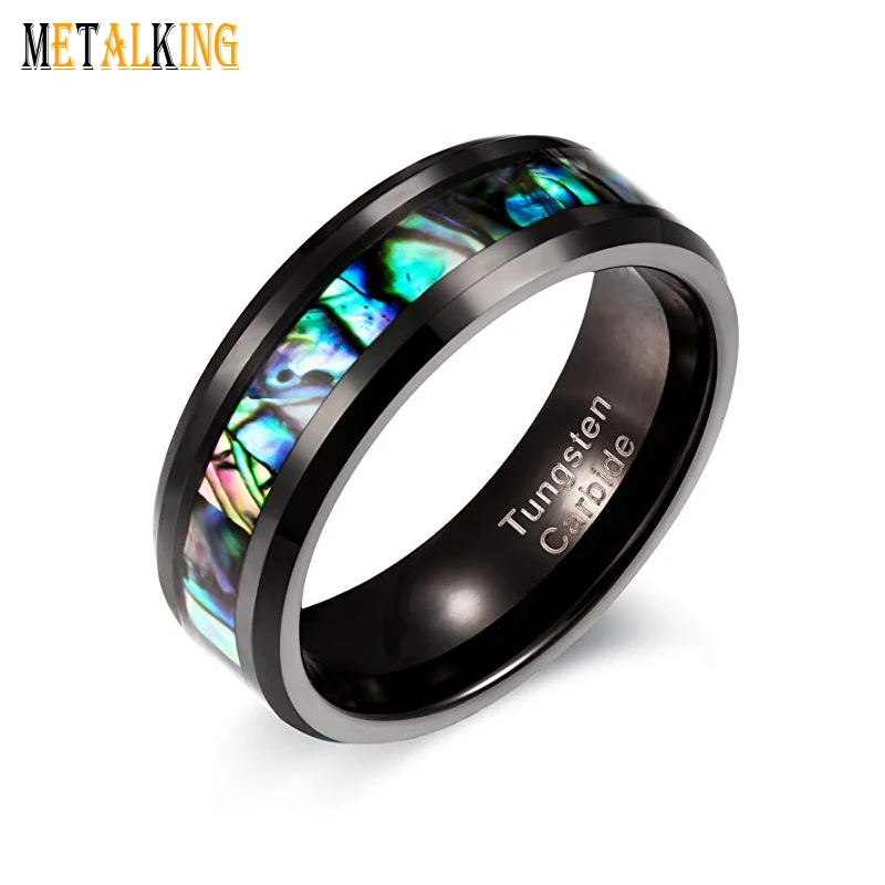 
8mm Tungsten Wedding Band Natural Abalone Shell Inlay Black Mens Ring 