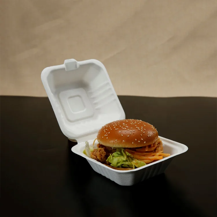 Biodegradable meat food packaging clamshell sugarcane pulp bagasse 3 compartment tray for food