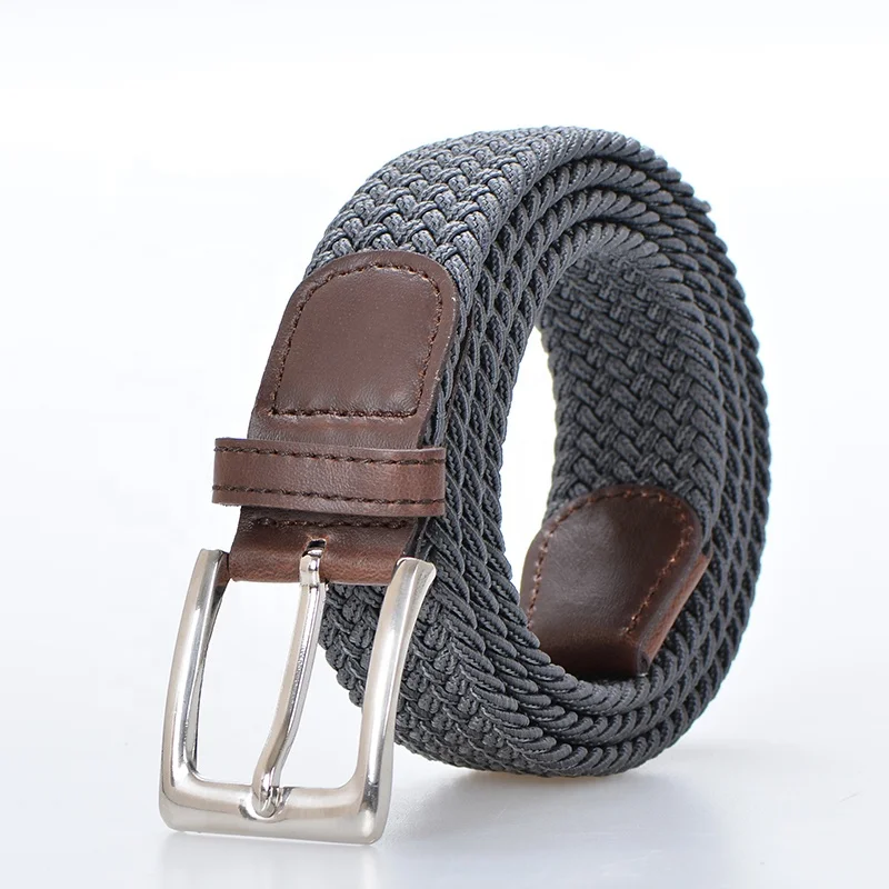 Fabric Pu Leather Tag Burgundy Color Elastic Braided Stretch Belts For Jeans Mens
