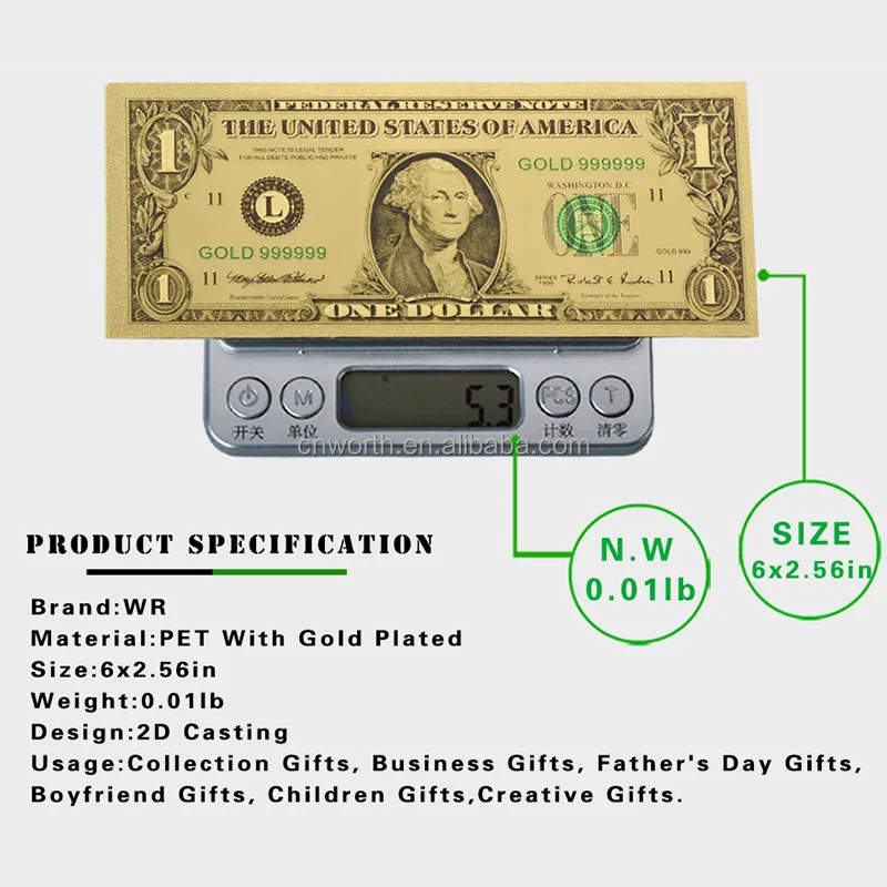Home Decor Art Crafts 24k Gold Banknote USD 1 Colored Fake Bills Foil American Paper Money