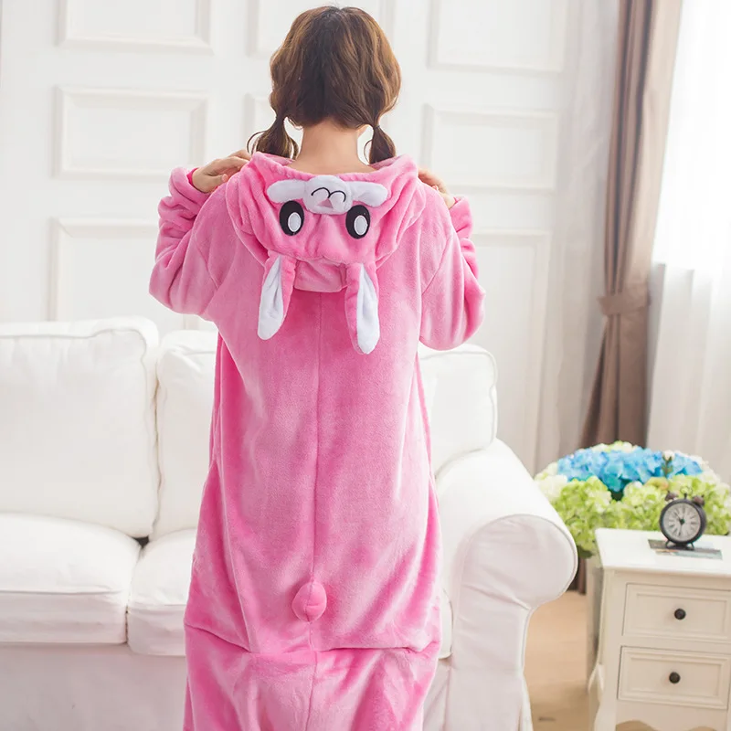 Women Winter 2021 Warm Hooded Cute Animal Onsies Pink Rabbit Unisex Pajamas Set Sleepwear With Flannel Cartoon Pyjamas For Adult