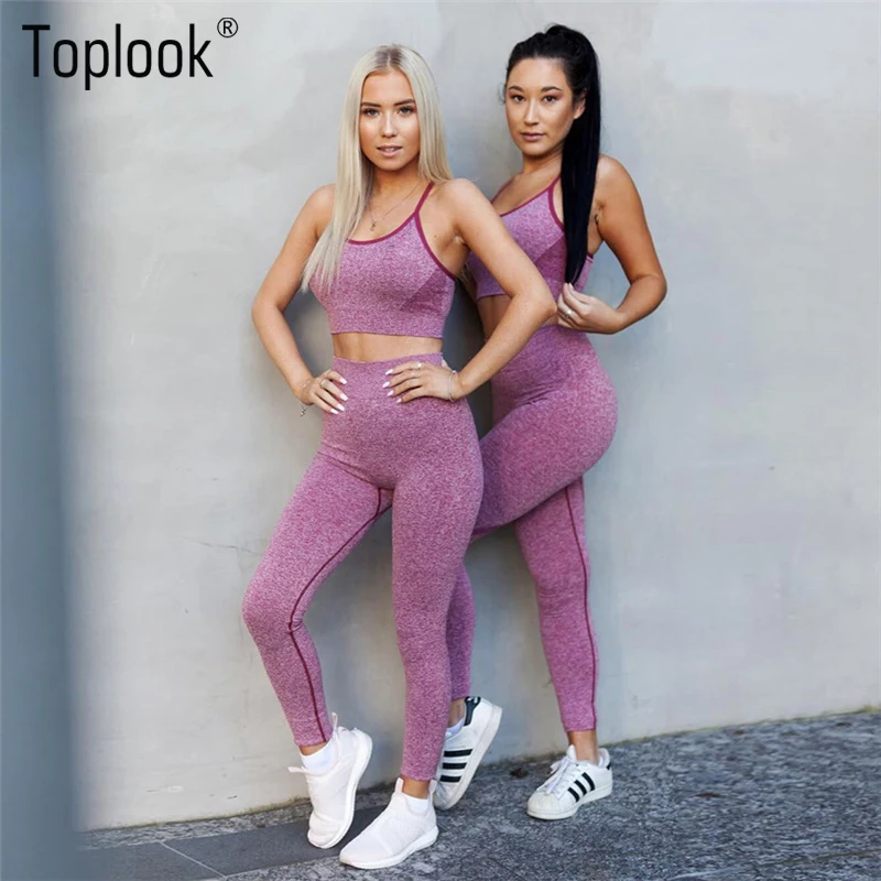 
Toplook Fitness Yoga Set New Pink Blue Solid Crop Top+Long Pants Athleisure Women Fitness Suit Gym Sports Bra+Legging S97 