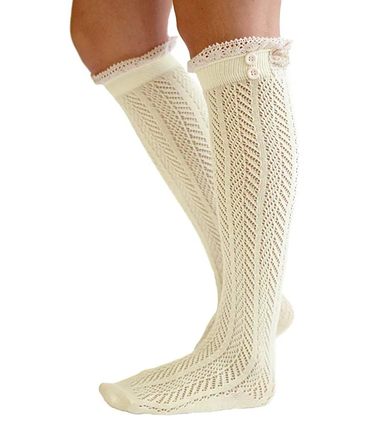 
AJ186034 Wholesale Cute Charming Ruffles Lace Trim Knee High Knitted Boot Socks For Women 
