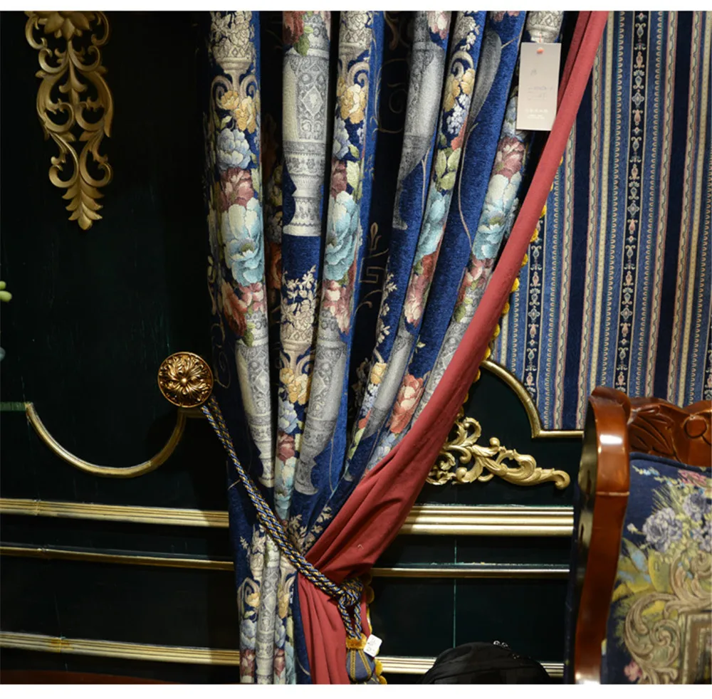 Luxurious Embroidery Window Curtains Valance Flocking Chenille Jacquard  living room bedroom double layer curtain (BY12-A10001)