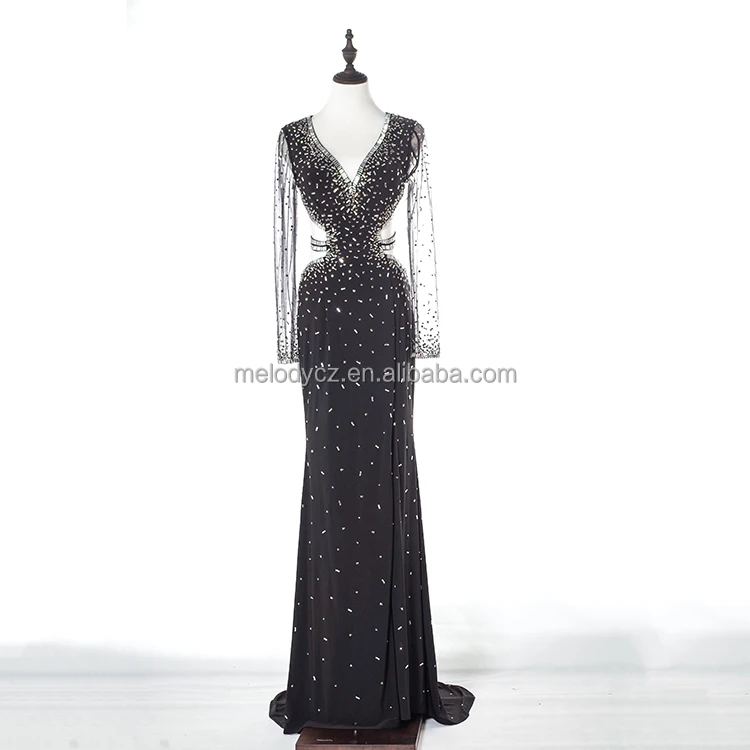 Elegant sexy black long tulle apparel fashion beaded dubai evening dress for ladies