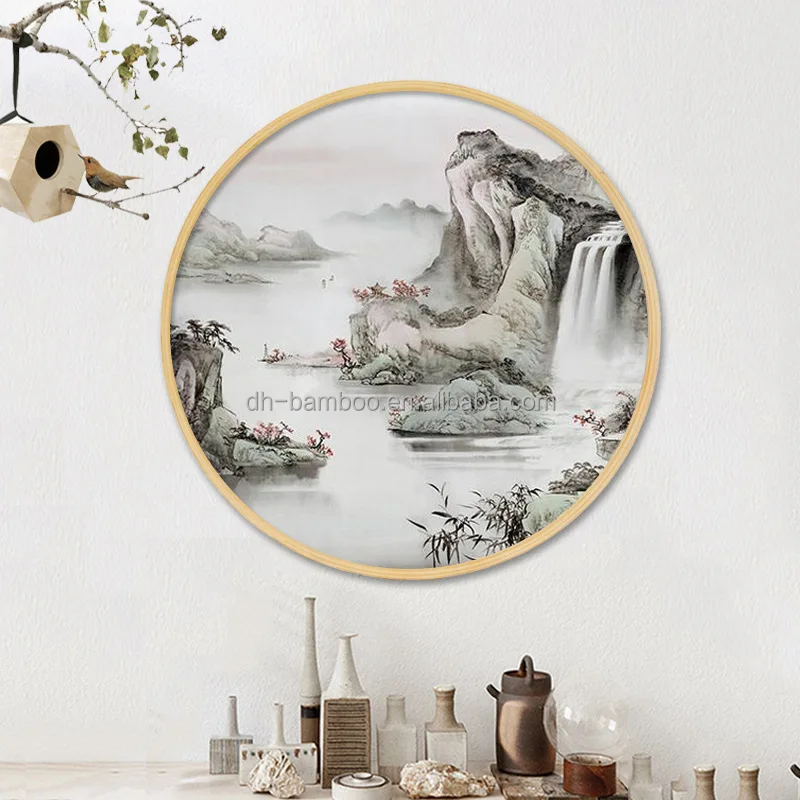 
Natural Wooden Rounded Photo Frame with Canvas Painting for the Dining Room Living Room Bedroom Study Hotel Office 