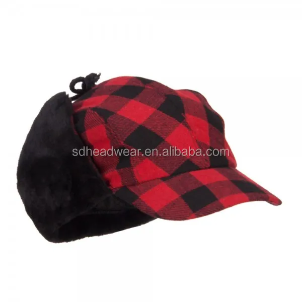 ear flap winter hats with strings and earflap red plaid woolen hat