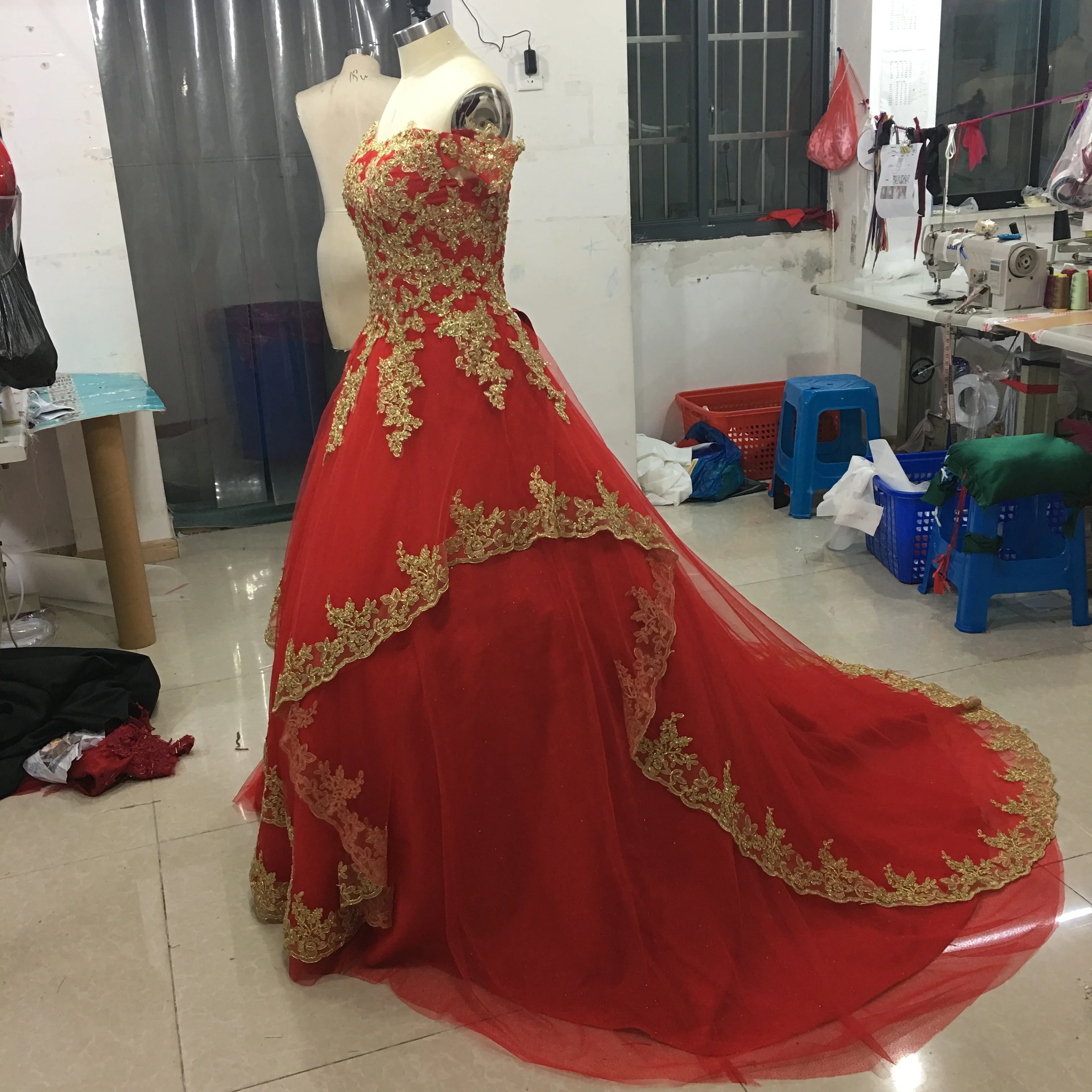 Tailored China Inspired Plus Size Accent Color Embroidered And Beaded Tulle Overlay Red Gold Wedding Dress